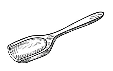 Vector illustration in outline style of wooden Scoop for herbs, spices, or seeds. Linear drawing of kitchen tool for culinary and apothecary design. Engraving of Spoon painted by black inks for recipe
