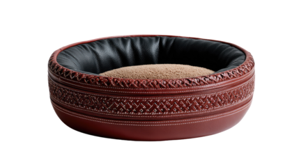 Elevated Pet Comfort: A luxurious brown leather pet bed with an intricate embossed pattern offers a plush haven of relaxation.
