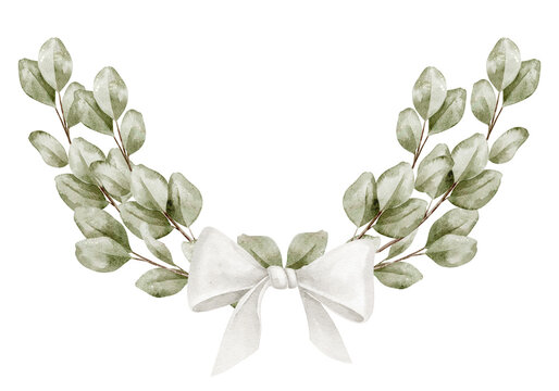 Circular watercolor Template with eucalyptus green branches and white ribbon with bow. Botanical illustration of round wreath with leaves for wedding invitations or Baby shower greeting cards.