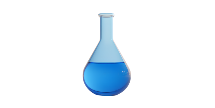 A blue liquid in a secured beaker on a transparent background.