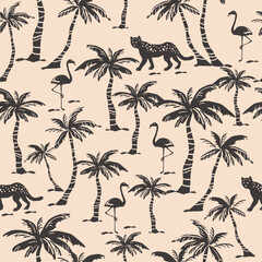Seamless pattern of palm tree with exotic animals, Vector tropical background illustration.