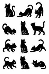 Collection of domestic animal silhouettes: cats, kittens, and a dog, featuring black vector illustrations