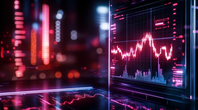 A vibrant digital display showcasing financial data trends with colorful graphs and lines on a futuristic interface. - Powered by Adobe