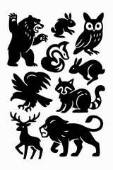 Set of black animal silhouettes in vector style including cat, dog, bird, bear, and more, perfect for icons, logos, tattoos, and Halloween-themed designs