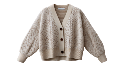 Beige Knit Cardigan: A stylish beige knit cardigan with intricate cable knit detailing and a relaxed fit, perfect for layering or wearing on its own.