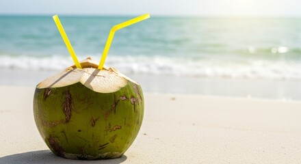 Fresh coconut drink with yellow straws on beach during summer  