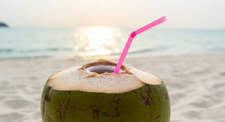 Fresh coconut drink with pink straw on sandy beach at sunset  