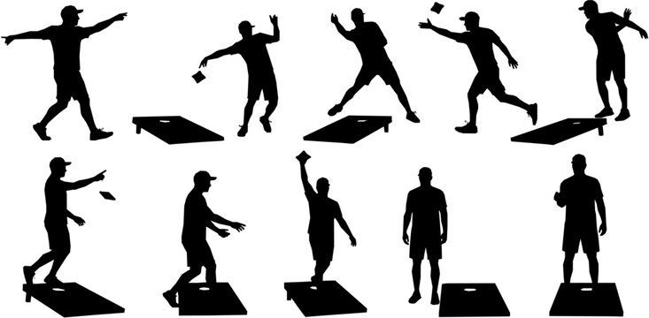 Vector detailed set silhouettes of Cornhole players isolated on white background. Vector illustration.
