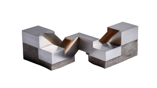 Geometric Metal Abstraction: An architectural abstraction featuring a metallic form is balanced between light and shadow, showcasing sharp lines, geometry, and a sense of industrial design.