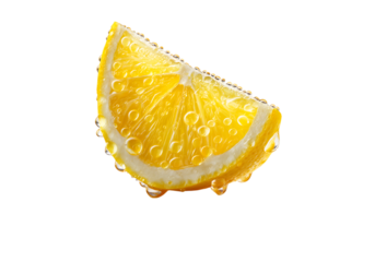 Juicy lemon slice with water droplets on black background, On Transparent Background