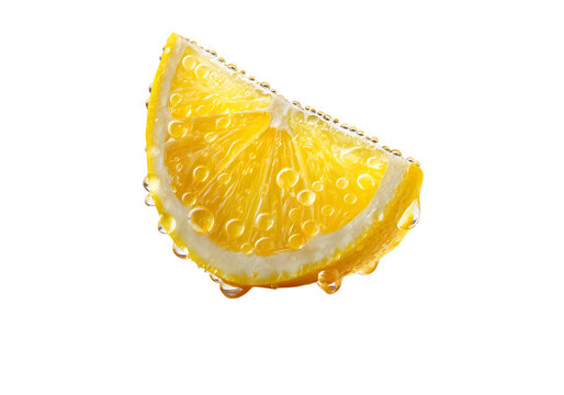 Juicy lemon slice with water droplets on black background, On Transparent Background