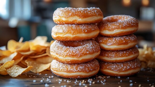 Sugared donuts and potato chips arranged on a wooden table, a delicious snack.