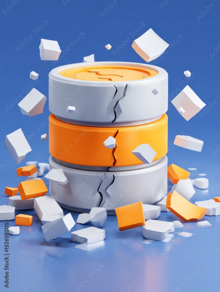 Aufkleber broken database icon surrounded by error fragments on clean blue background
