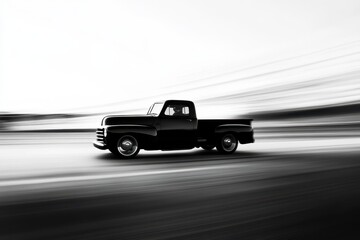 Obraz premium Dynamic Scene of a Black Four-Door Pickup Truck Racing Down a Blurred Highway
