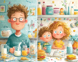 Family breakfast moment in a cheerful kitchen.