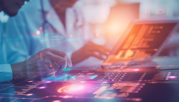 A professional working on a laptop, surrounded by digital interfaces and data visualizations, indicating a focus on technology and innovation.