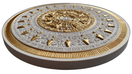 Aztec Calendar: A close-up shot showcasing a stunning Aztec calendar, adorned with intricate details, gold accents and a sense of ancient knowledge.