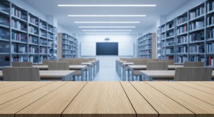Empty wooden table in foreground with blurred modern library or classroom background