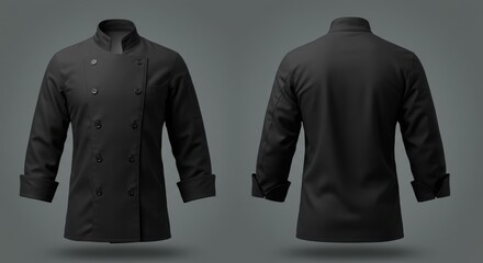 Front and back views of a black chef's jacket, showcasing its design details.