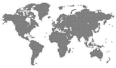 Dotted world map with central focus. The dotted world map layout follows geographic outlines to form an elegant and minimalist dotted world map composition.