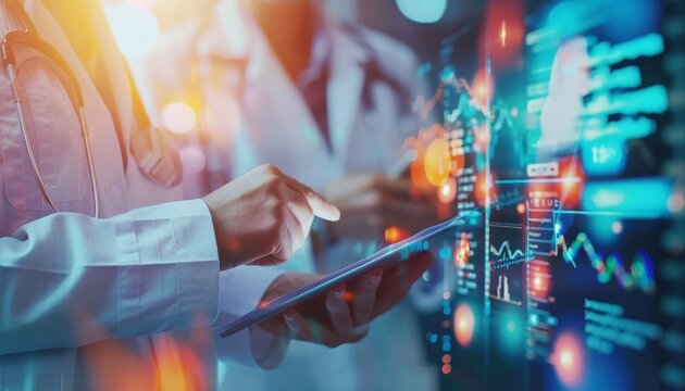 A healthcare professional using a tablet to interact with digital data and statistics, representing technology in medicine.