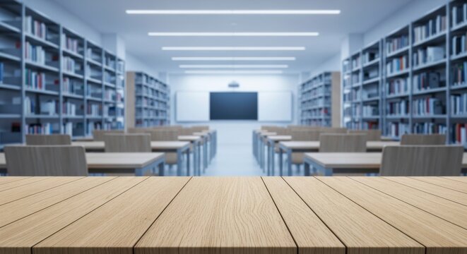 Empty wooden table in foreground with blurred modern library or classroom background