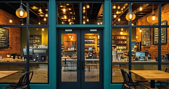 A low-angle shot showcases the exterior of a coffee shop, featuring a teal facade, glass windows, and interior lights. The storefront is lit at night, with indoor lights visible through the windows