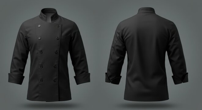Front and back views of a black chef's jacket, showcasing its design details.