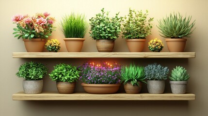 Fototapeta premium Lush indoor plant display on wooden shelves with LED lighting