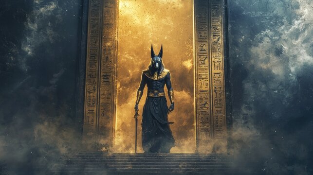 Hyper-realistic dark fantasy scene. Anubis stands tall between two colossal gates one golden, one blackened. His jackal head regal, eyes glowing faintly 