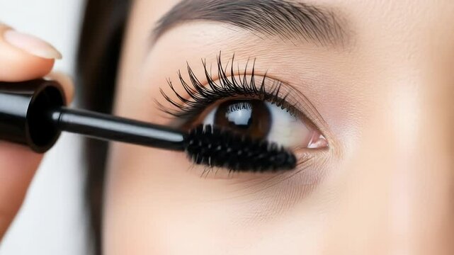 woman applying black mascara to long natural eyelashes using professional makeup brush
