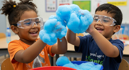 Joyful kids explore science with vibrant blue foam ecstatic learning experience