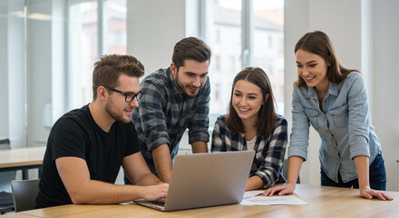 Fototapeta premium Young creative team brainstorming project ideas laptop teamwork success