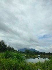 A peaceful morning sky with soft blue hues and gentle clouds above a green forest. Ideal for background use, graphic design, presentations, and travel content.