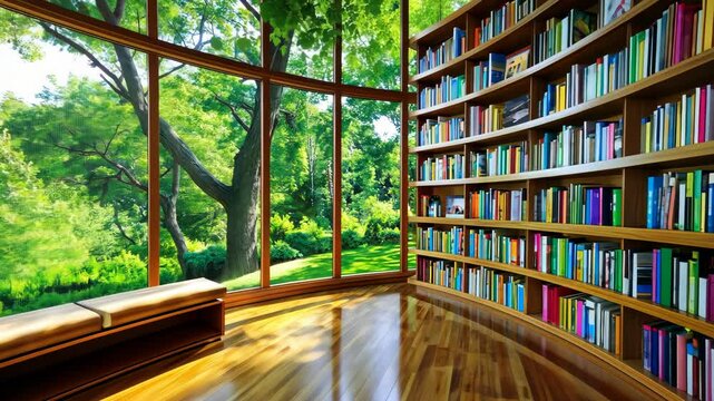 Cozy Reading Nook: A sunlit library corner, bathed in warm light, offers a tranquil escape. Bookshelves line the curved wall, framing a lush green outside view.