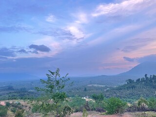 A peaceful morning sky with soft blue hues and gentle clouds above a green forest. Ideal for background use, graphic design, presentations, and travel content.