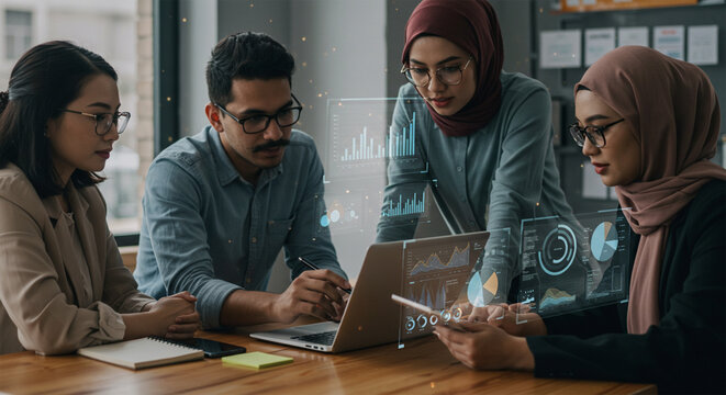 Diverse team analyzing data innovative tech seamless collaboration  future success