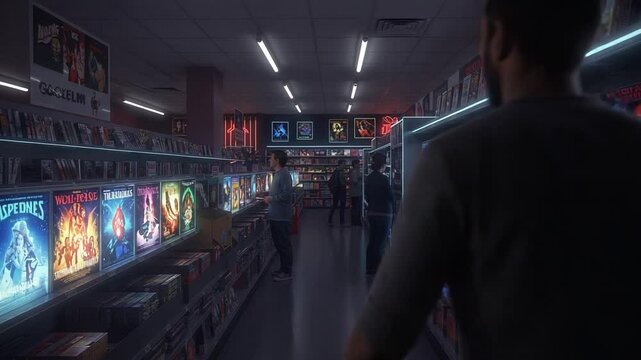 Retro movie rental store, fluorescent lighting, people browsing