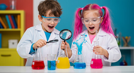Little scientists exploring vibrant colors magical experiments joyful discovery