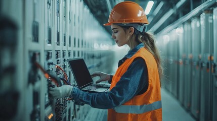 Female electrical engineer inspecting control panel in industrial facility