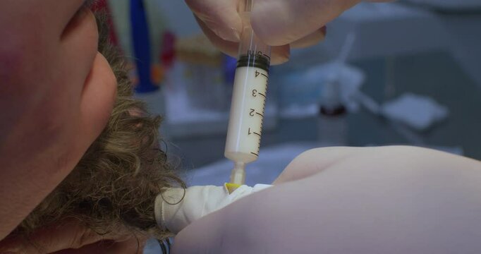 A professional veterinarian administers propofol through an intravenous line to prepare a dog for surgery. A veterinary anesthesiologist administers anesthesia into a dog's intravenous line.