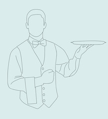 line art waiter with napkin and plate.waiter hand holding tray. Hand holding tray single outline vector illustration.