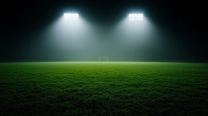 Obraz premium Night Football Field Soccer Goal Stadium Lights Foggy Green Grass