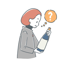 お酒の瓶を見て疑問に思う女性のイラスト