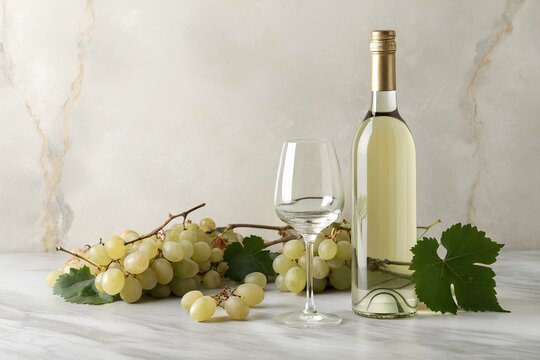 A bottle of premium white wine with a glass and fresh green grapes on a stylish marble surface, representing luxury, gourmet culture, and fine dining elegance - Powered by Adobe