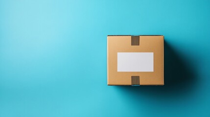 Cardboard Box with Blank White Label on Vibrant Blue Background