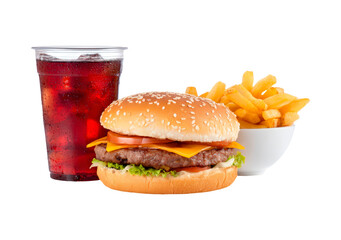 Delicious cheeseburger meal with fries and soda on transparent background, PNG