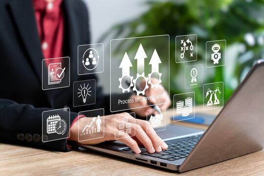 Process improvement with AI technology concept, Businesswoman creating continuous improvement of industry and business, Solving problems, improving organizational processes, Human development