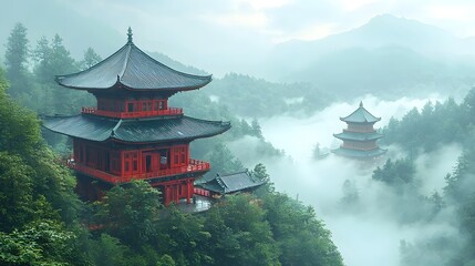 Obraz premium Misty mountain temple nestled in a serene landscape