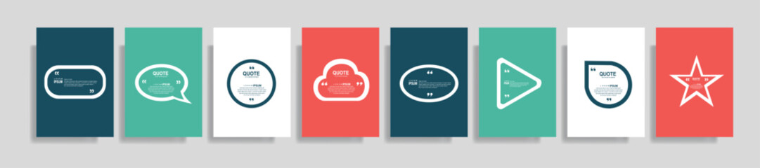 Quote frames blank templates set. Text in brackets, citation empty speech bubbles, quote bubbles. Textbox isolated on color background. Vector illustration